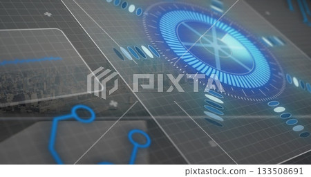 Displaying circular holographic radar over grid on dashboard, with city skyline and segmented rings 133508691