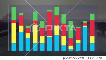 Showing stacked bar chart with grid lines and axes hovering on rooftop terrace, with city skyline Showing stacked bar chart with grid lines and axes hovering on rooftop terrace, with city skyline 133508703