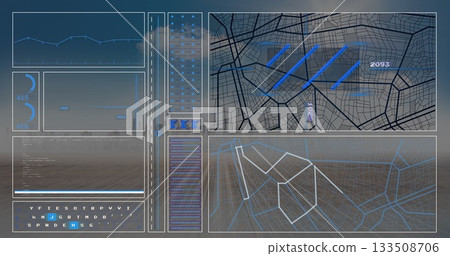 Displaying holographic interface showing line charts, route paths, readout 2093 at control room 133508706