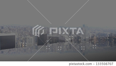 Overlaying central skyscraper cluster presenting data overlay on waterfront reflection, with icons 133508707
