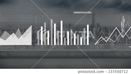 Floating three translucent data panels hovering above concrete rooftop edge, timestamp overlay Floating three translucent data panels hovering above concrete rooftop edge, timestamp overlay 133508712