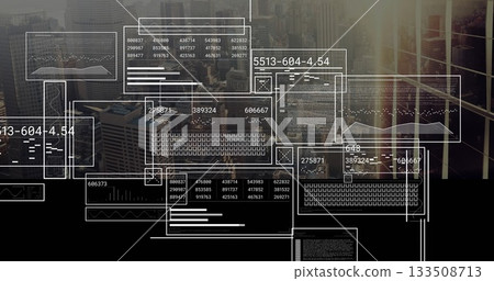 Displaying translucent data panels overlaying high-rise office view with numeric tables and charts Displaying translucent data panels overlaying high-rise office view with numeric tables and charts 133508713