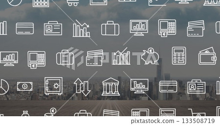 White line finance icons hovering on rooftop terrace, with credit card piggy bank safe icon White line finance icons hovering on rooftop terrace, with credit card piggy bank safe icon 133508719