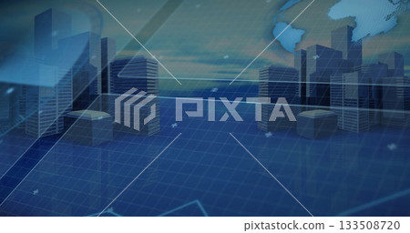 Displaying future city rising from grid plane in interface, with skyscrapers and light streaks 133508720