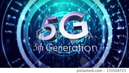 Displaying metallic 5G text showing data flow in network interface, with globe and binary digits Displaying metallic 5G text showing data flow in network interface, with globe and binary digits 133508725