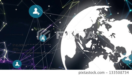 Displaying white stylized globe overlapping glowing mesh network, with teal node icons, copy space Displaying white stylized globe overlapping glowing mesh network, with teal node icons, copy space 133508734