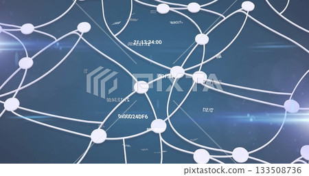 Displaying network with white circular nodes linked by lines in digital interface, floating codes 133508736