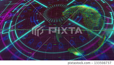 Rotating three-dimensional data globe in grid interface, with neon rings and labels, copy space 133508737