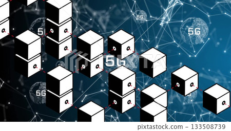 Floating black-and-white cubes featuring Q icons linking via red lines on blue mesh with 5G globes Floating black-and-white cubes featuring Q icons linking via red lines on blue mesh with 5G globes 133508739