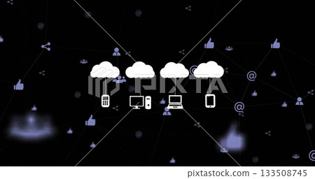 Displaying five cloud icons linking smartphone, desktops, laptop, tablet on grid, with social icons Displaying five cloud icons linking smartphone, desktops, laptop, tablet on grid, with social icons 133508745