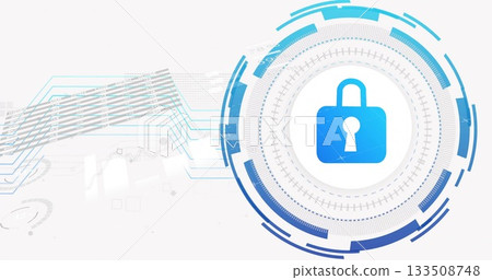 Blue padlock icon orbiting in digital interface, with circuit and data lines and shapes, copy space 133508748