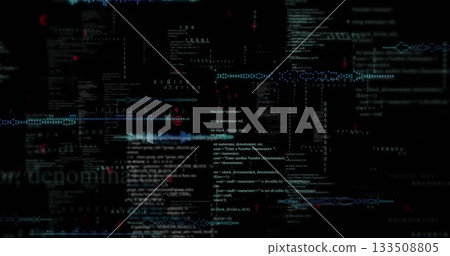 Computer screen displaying layered code snippets with binary sequences and ASCII waves Computer screen displaying layered code snippets with binary sequences and ASCII waves 133508805