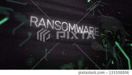 Displaying stylized RANSOMWARE text on digital grid interface, with green circuit lines and globe Displaying stylized RANSOMWARE text on digital grid interface, with green circuit lines and globe 133508806
