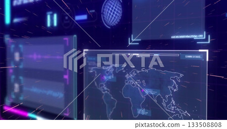 Floating world map panel displaying wireframe globe and SCANNING DATABASE text on HUD Floating world map panel displaying wireframe globe and SCANNING DATABASE text on HUD 133508808
