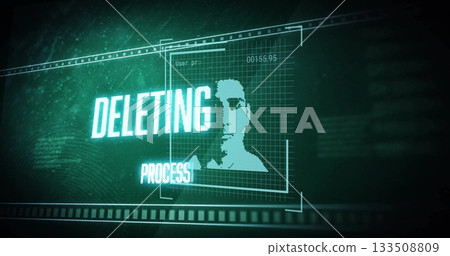 Displaying holographic grid in HUD, with pixelated silhouette, DELETING PROCESS text, code 00155 Displaying holographic grid in HUD, with pixelated silhouette, DELETING PROCESS text, code 00155 133508809