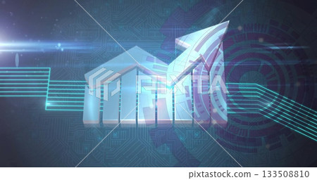 Displaying 3D metallic bar chart climbing amid neon-blue circuit lines, with upward arrow Displaying 3D metallic bar chart climbing amid neon-blue circuit lines, with upward arrow 133508810