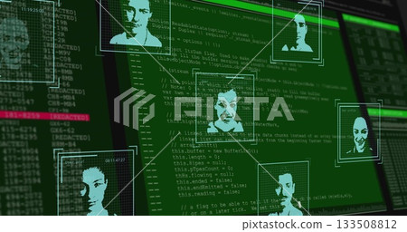 Displaying central facial portrait floating on security terminal, showing code panes and timestamps Displaying central facial portrait floating on security terminal, showing code panes and timestamps 133508812