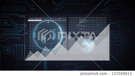 Displaying translucent panel on digital dashboard, with line graph, gauge, pie chart and code text Displaying translucent panel on digital dashboard, with line graph, gauge, pie chart and code text 133508813