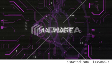 Displaying white MALWARE text flashing on cyber screen, with purple circuitry, rings, binary digits Displaying white MALWARE text flashing on cyber screen, with purple circuitry, rings, binary digits 133508823