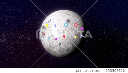 Floating cratered Moon-like sphere rotating in outer space, with colorful geometric shape overlays 133508832