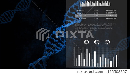 Displaying blue DNA helix winding on dark dashboard, with panel showing data list and UI icons Displaying blue DNA helix winding on dark dashboard, with panel showing data list and UI icons 133508837