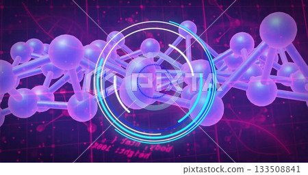 Displaying digital molecule chain with translucent spheres on dark grid, with floating code and HUD Displaying digital molecule chain with translucent spheres on dark grid, with floating code and HUD 133508841