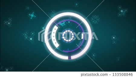 Showing concentric rings and segmented arcs rotating on control panel, with glowing data nodes Showing concentric rings and segmented arcs rotating on control panel, with glowing data nodes 133508846