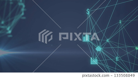 Displaying turquoise network on blue gradient, with dollar, bar chart and factory icon, copy space Displaying turquoise network on blue gradient, with dollar, bar chart and factory icon, copy space 133508849