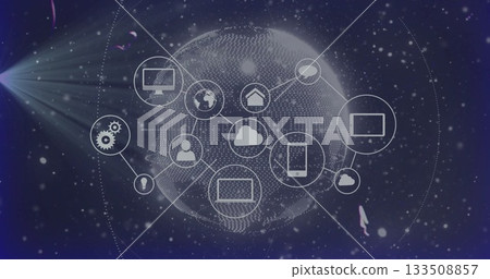 Displaying technology icons forming network around central dotted globe in starfield, with rocket Displaying technology icons forming network around central dotted globe in starfield, with rocket 133508857
