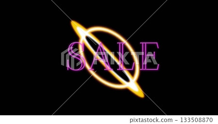 Neon sale graphic glowing in black digital backdrop, with glowing pink text and dual golden rings 133508870