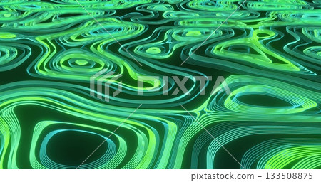 Animating neon green teal line pattern forming topographic layers on digital plane, glowing shapes 133508875