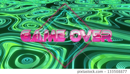 Displaying 3D GAME OVER text floating in neon green teal grid, with magenta cyan diamond outlines Displaying 3D GAME OVER text floating in neon green teal grid, with magenta cyan diamond outlines 133508877