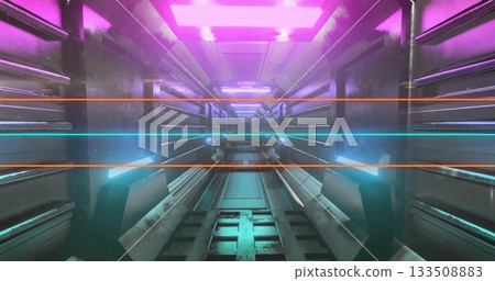 Extending metal corridor inside spaceship passage, with wall panels and neon light beams 133508883