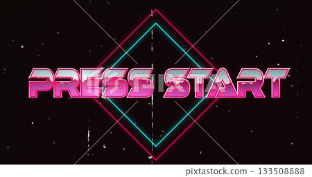 Neon pink PRESS START shining on black screen, with cyan pink diamond outlines and white speckles Neon pink PRESS START shining on black screen, with cyan pink diamond outlines and white speckles 133508888