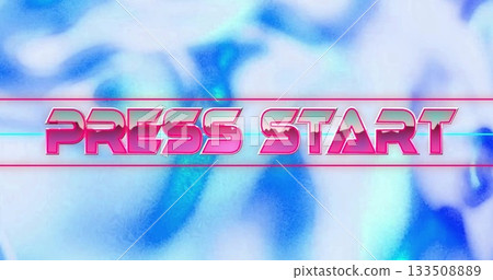 Displaying neon-pink PRESS START text being framed by horizontal accent lines, on glitchy backdrop 133508889