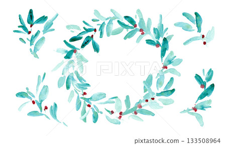 Watercolor painting. Watercolor Christmas plant background frame. Christmas holly frame. Vectorized watercolor painting 133508964