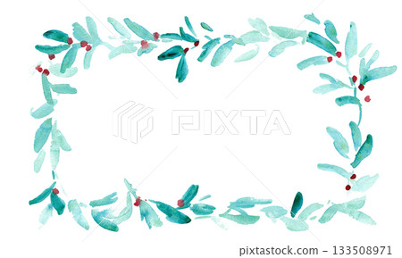 水彩畫。水彩聖誕植物背景框。聖誕冬青框。向量水彩畫 133508971
