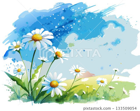 A serene watercolor scene depicting a field of chamomile swaying gently in a summer breeze, under a clear blue sky, conveying a sense of peace and tranquility. A serene watercolor scene depicting a field of chamomile swaying gently in a summer breeze, under a clear blue sky, conveying a sense of peace and tranquility. 133509054