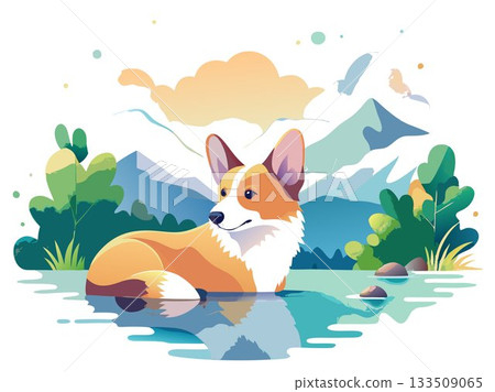 A serene watercolor scene depicting a corgi resting peacefully by a lake, its ears flopped over, enjoying the quiet of a summer afternoon. 133509065