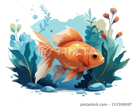 A serene watercolor scene depicting a goldfish peacefully resting amongst aquatic plants in a tranquil aquarium, conveying a sense of calm and underwater serenity. 133509097