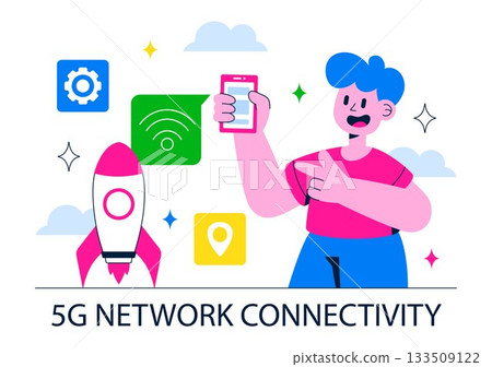 5G Network Connectivity Wireless Technology Vector Illustration Featuring Transmitter Tower Providing High-Speed Mobile Internet Communication 5G Network Connectivity Wireless Technology Vector Illustration Featuring Transmitter Tower Providing High-Speed Mobile Internet Communication 133509122