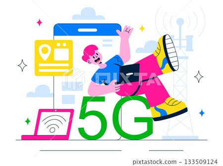 5G Network Connectivity Wireless Technology Vector Illustration Featuring Transmitter Tower Providing High-Speed Mobile Internet Communication 5G Network Connectivity Wireless Technology Vector Illustration Featuring Transmitter Tower Providing High-Speed Mobile Internet Communication 133509124