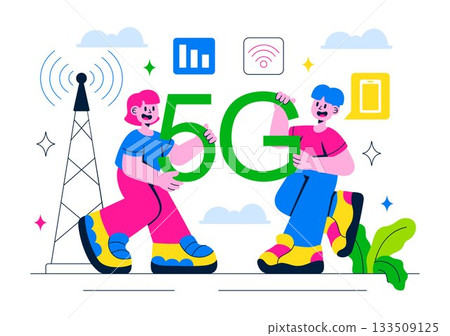 5G Network Connectivity Wireless Technology Vector Illustration Featuring Transmitter Tower Providing High-Speed Mobile Internet Communication 5G Network Connectivity Wireless Technology Vector Illustration Featuring Transmitter Tower Providing High-Speed Mobile Internet Communication 133509125