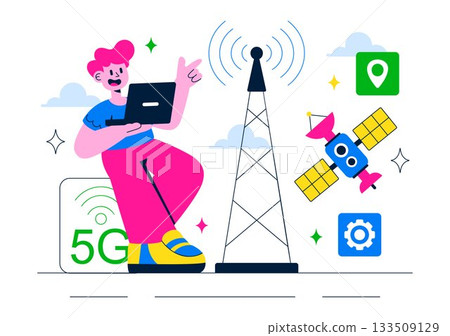 5G Network Connectivity Wireless Technology Vector Illustration Featuring Transmitter Tower Providing High-Speed Mobile Internet Communication 5G Network Connectivity Wireless Technology Vector Illustration Featuring Transmitter Tower Providing High-Speed Mobile Internet Communication 133509129