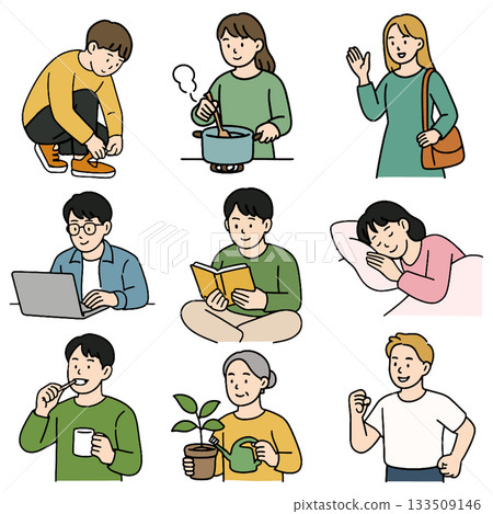 Tying shoe cooking waving working laptop reading sleeping brushing teeth watering plant smiling Tying shoe cooking waving working laptop reading sleeping brushing teeth watering plant smiling 133509146