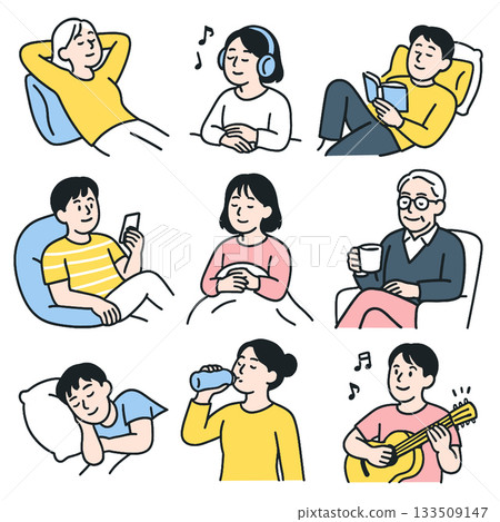 Relaxed elderly woman, young woman with headphones, man reading, people enjoying leisure 133509147