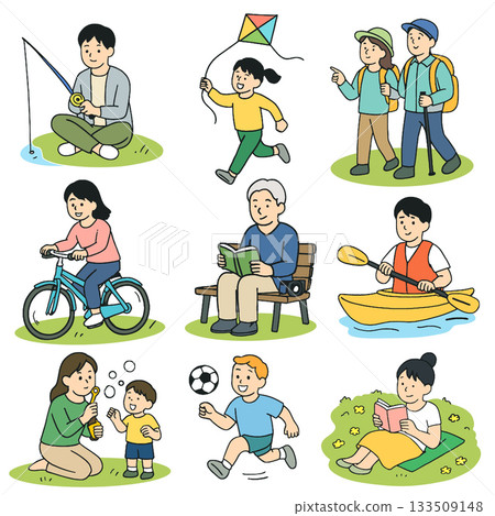 Fishing kite hiking cycling reading kayaking bubbles soccer picnic outdoor activity Fishing kite hiking cycling reading kayaking bubbles soccer picnic outdoor activity 133509148