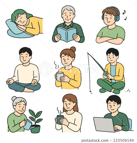 Sleeping woman elderly man reading man with headphones meditation woman with mug fishing elderly 133509149