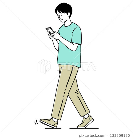 Young man walking while using smartphone, casual outfit, relaxed mood, simple line art style 133509150