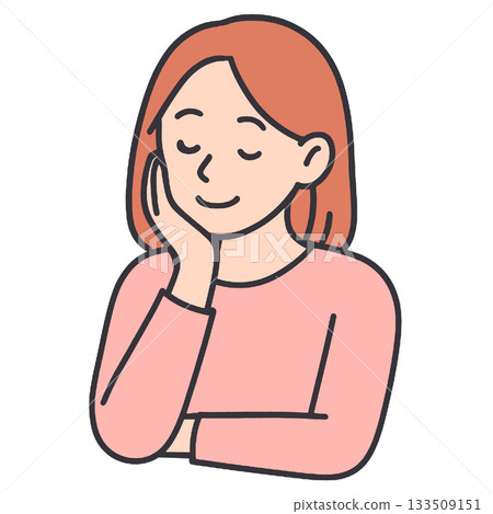 Young woman with red hair smiling, hand on cheek, wearing pink shirt, feeling relaxed 133509151